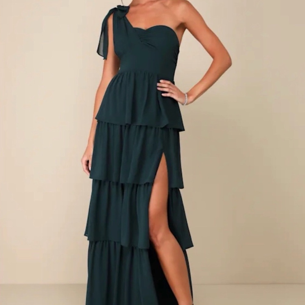Lulu's Dark Green One-Shoulder Tiered Maxi Dress with Side Slit